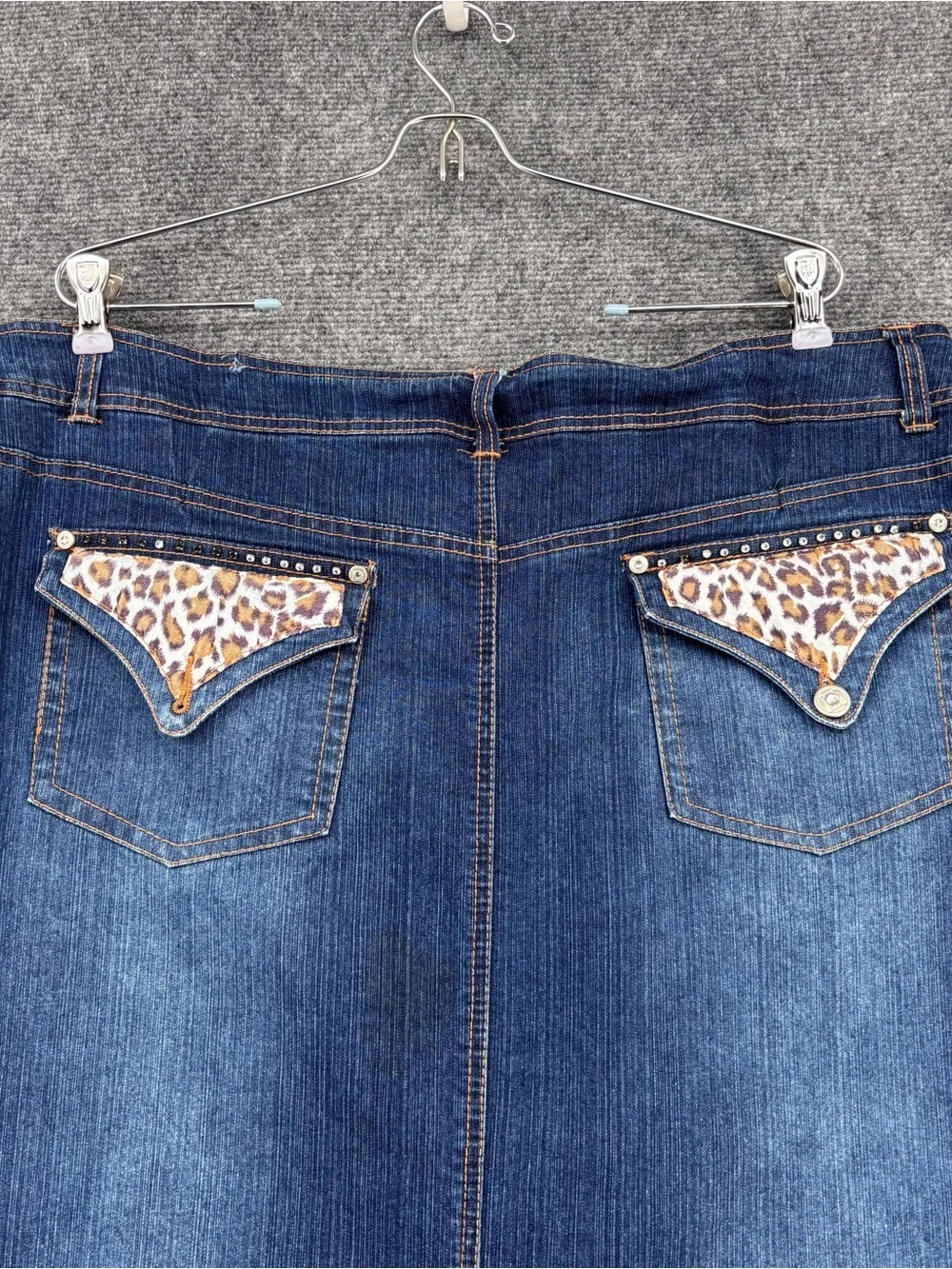 Whisker Washed Western Boho Indie Denim Midi Skirt Women’s 18 Leopard Accent